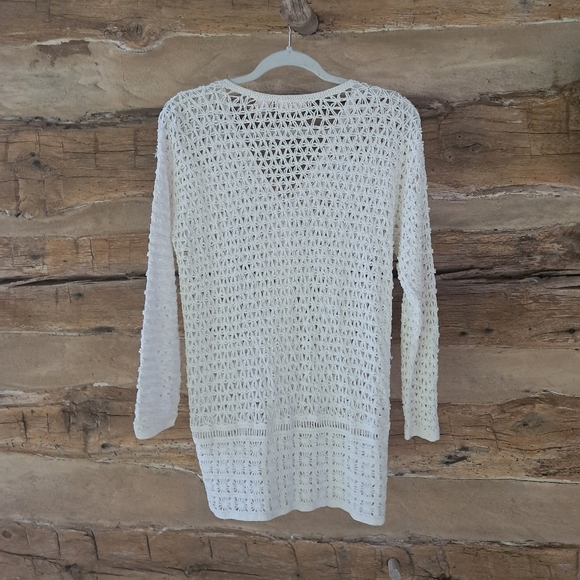 DKNY Jeans White V Neck Crochet Cotton Blend Sweater Size Large - Picture 5 of 6